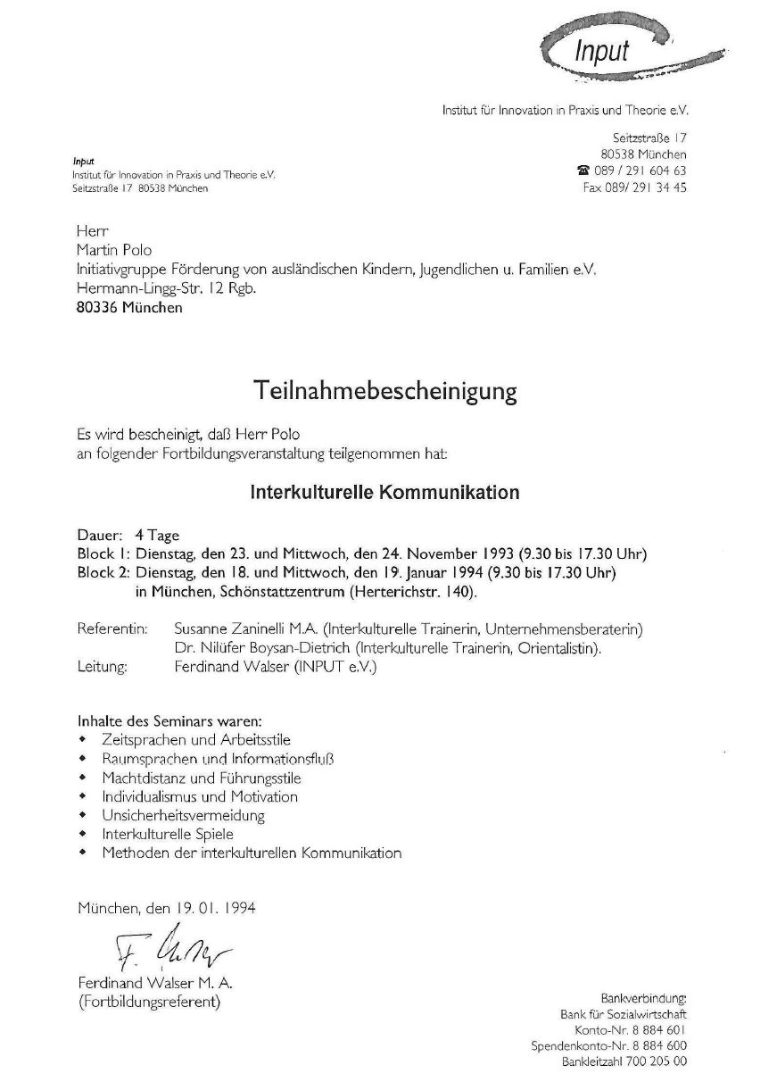 Input - Institut für innovarion in Praxis und Theproe e.V. - Zertifikar Martin Polo
